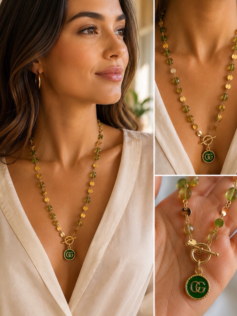 Gold-Tone Natural Peridot Station Necklace with Green Enamel GG Charm – 22” Long